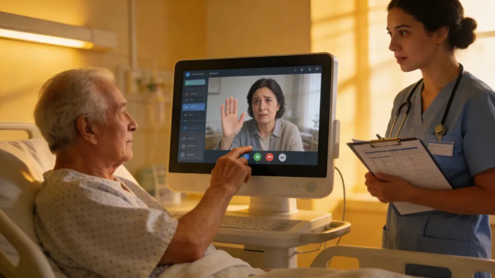 Elderly patient in hospital bed interacting with a large touchscreen bedside terminal