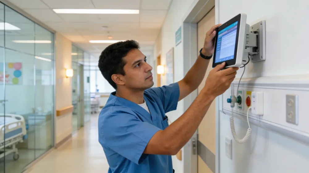 Hospital IT technician installing a bedside terminal on a wall mount