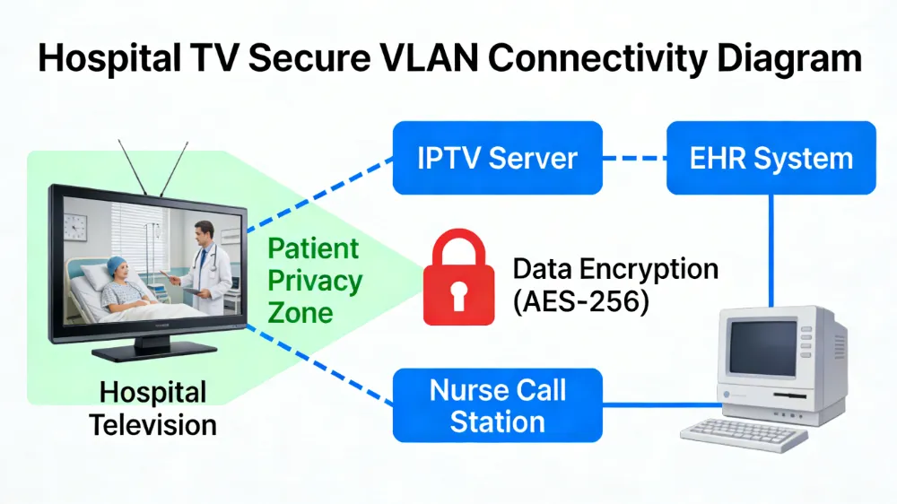 hospital television connected via secure VLAN to an IPTV server