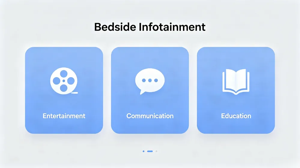 Bedside infotainment system main menu showing entertainment, communication, and education options